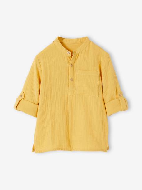 Camisa em gaze de algodão, mangas para dobrar, para menino amarelo+AZUL MEDIO LISO+cru+verde 