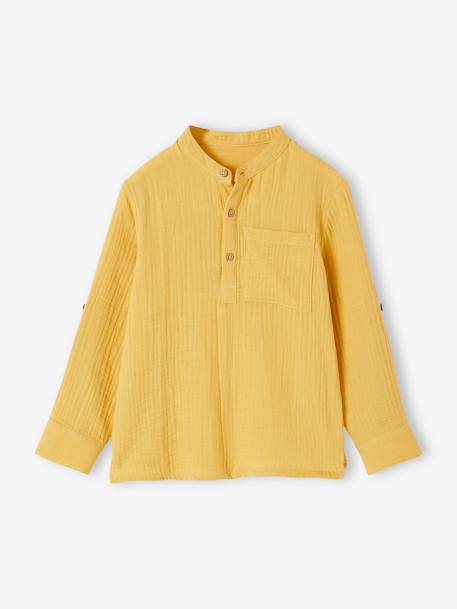 Camisa em gaze de algodão, mangas para dobrar, para menino amarelo+AZUL MEDIO LISO+cru+verde 