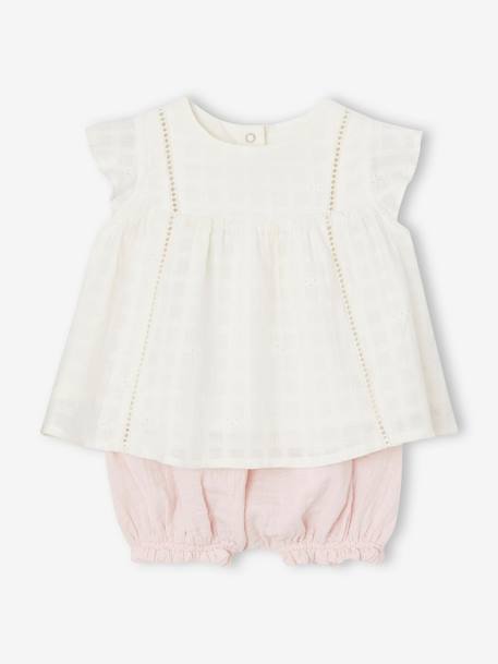 Conjunto vestido bordado e calções bloomer, para recém-nascido rosa 