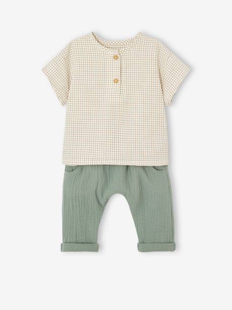 Conjunto t-shirt e calças, em gaze de algodão, para recém-nascido verde-acinzentado 