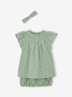 Bebé 0-36 meses-Conjunto em gaze de algodão: vestido + calções bloomer + fita de cabelo, para bebé