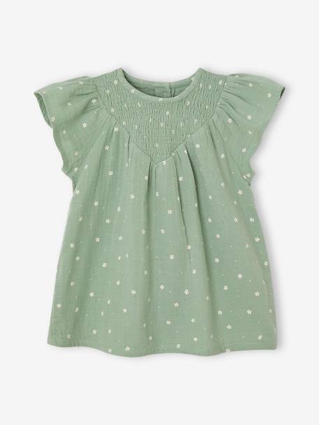 Conjunto em gaze de algodão: vestido + calções bloomer + fita de cabelo, para bebé verde-salva 