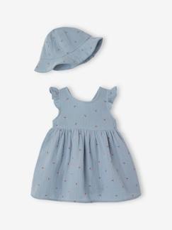 Denim-Bebé 0-36 meses-Conjuntos-Conjunto vestido e chapéu tipo bob, em gaze de algodão, para recém-nascido