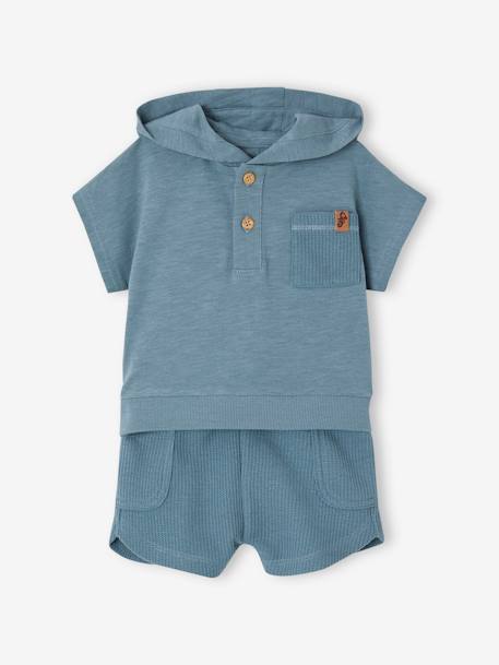 Conjunto para bebé: T-shirt com capuz e calções aos favos azul-medio 
