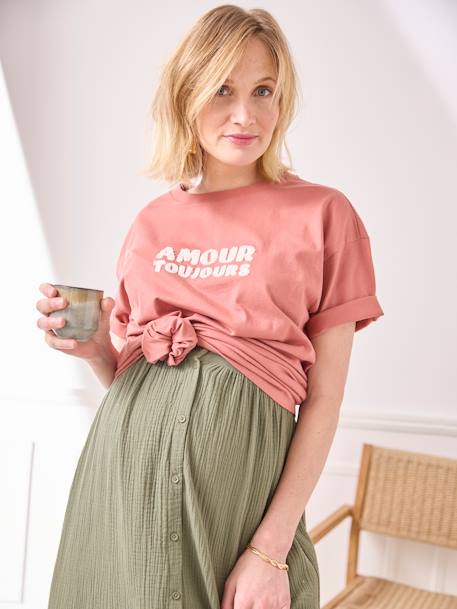 T-shirt lisa com mensagem, em algodão biológico, para grávida tomate+verde-menta 