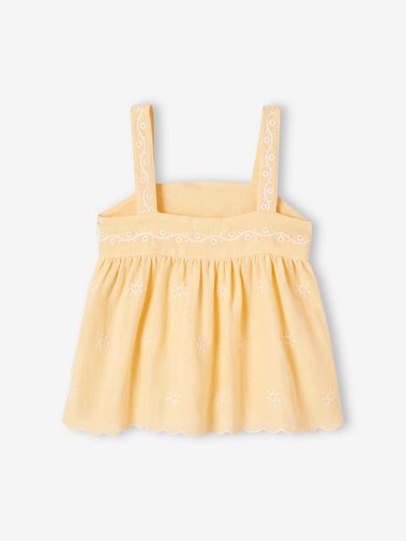 Blusa bordada, em gaze de algodão, para menina amarelo-pastel 