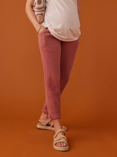 Calças estilo paperbag, em gaze de algodão, para grávida, da ENVIE DE FRAISE bege-areia+rosa-velho 