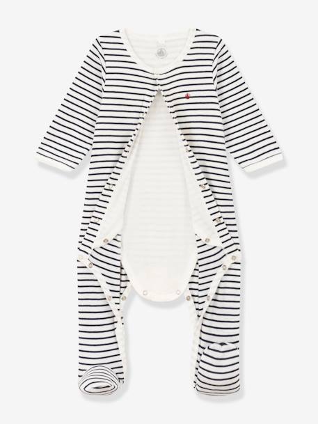 Body-pijama às riscas, em algodão, para bebé, da Petit Bateau marinho 