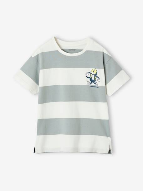 T-shirt de desporto com mascote, riscas largas, para menino verde-água 