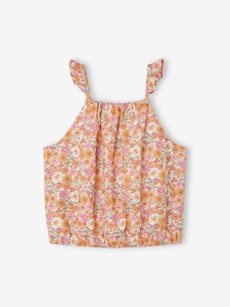 Blusa 'cropped', estampada às flores, alças com folhos, para menina alperce-rosado 