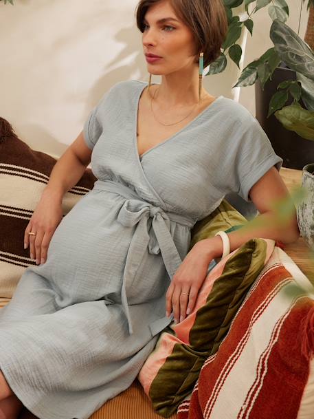 Vestido para grávida, em gaze de algodão bio, da ENVIE DE FRAISE verde-salva 