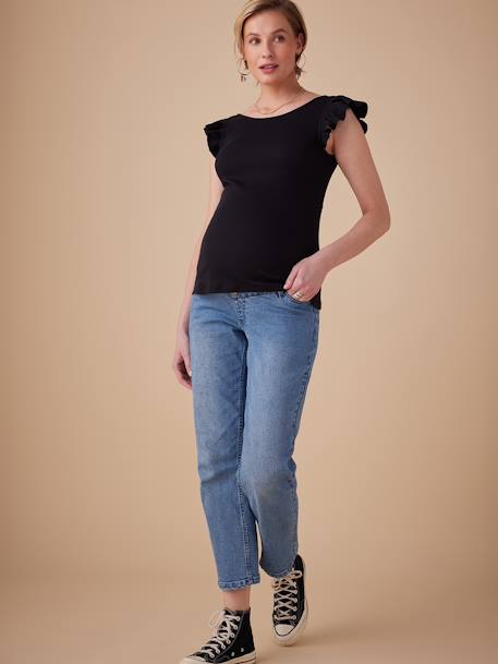 T-shirt para grávida, em canelado, mangas curtas com folho, da ENVIE DE FRAISE caqui+preto 