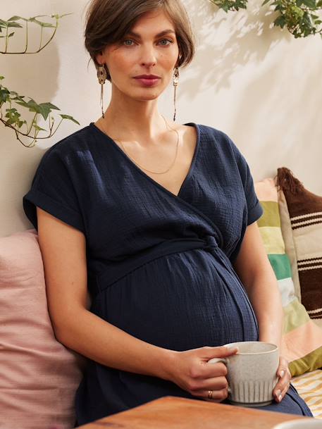 Vestido comprido em gaze de algodão, para grávida, da ENVIE DE FRAISE marinho+terracota 