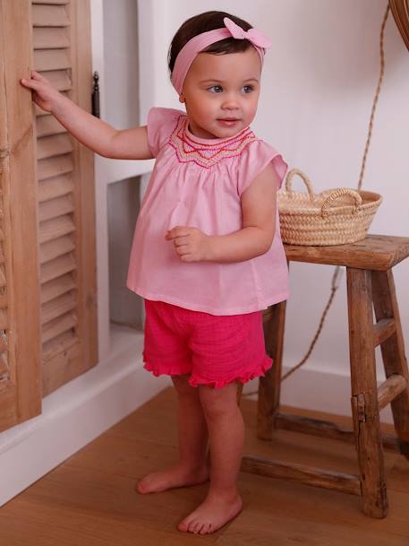 Conjunto blusa, calções e fita para cabelo, para bebé rosa 