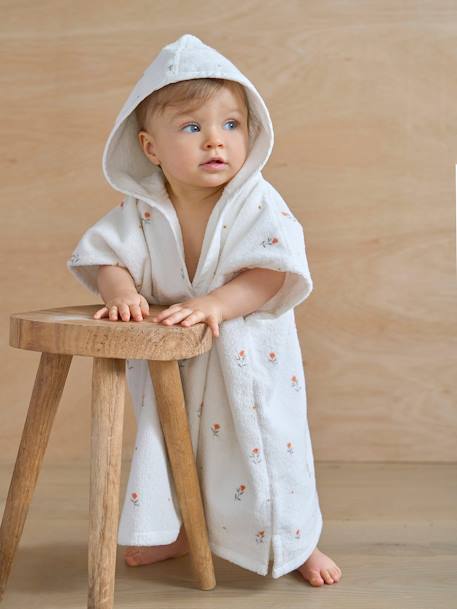 Poncho de banho para bebé, personalizável, com algodão reciclado, tema GIVERNY branco estampado 