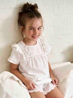 Pijama em voile de algodão com ponto cheio e bordado inglês, para menina