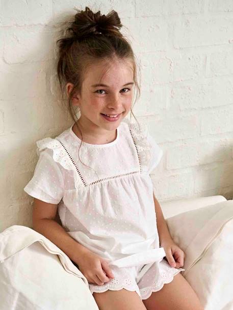 Pijama em voile de algodão com ponto cheio e bordado inglês, para menina cru 