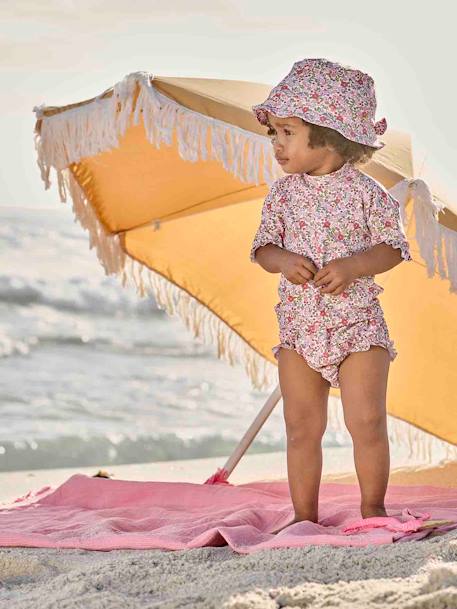 Conjunto de banho anti UV, com t-shirt + cuecas + chapéu tipo bob, para bebé menina rosa 