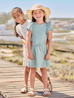 Menina 2-14 anos-Vestido com folhos em bordado inglês, para menina