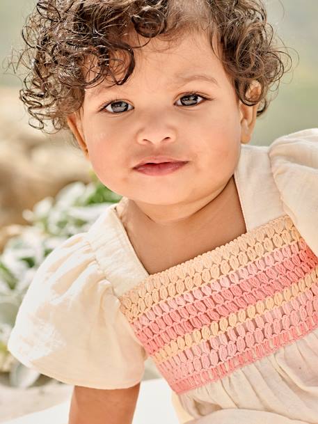 Blusa em gaze de algodão, decote em crochet, para bebé cru 