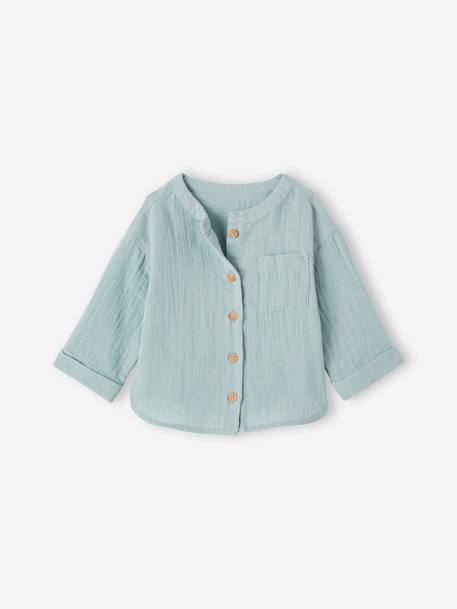 Camisa com gola mao, personalizável, em gaze de algodão, para bebé azul-acinzentado+caramelo+cru+VERDE ESCURO LISO 