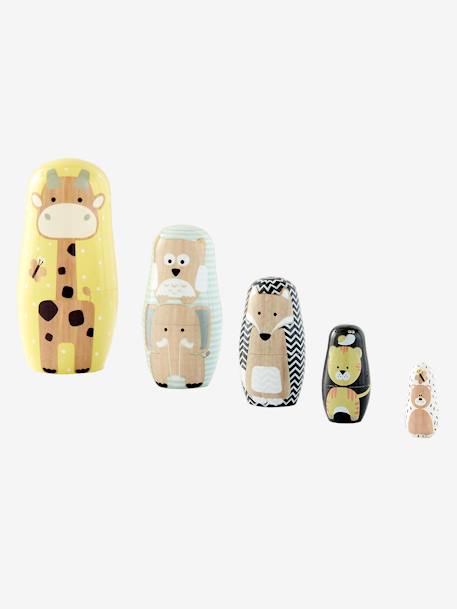 Bonecas encaixáveis com animais, em madeira azul+multicolor+rosa 