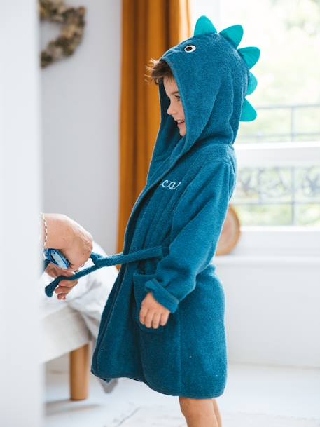 Roupão Dinossauro, personalizável, para bebé Azul medio liso com motivo 